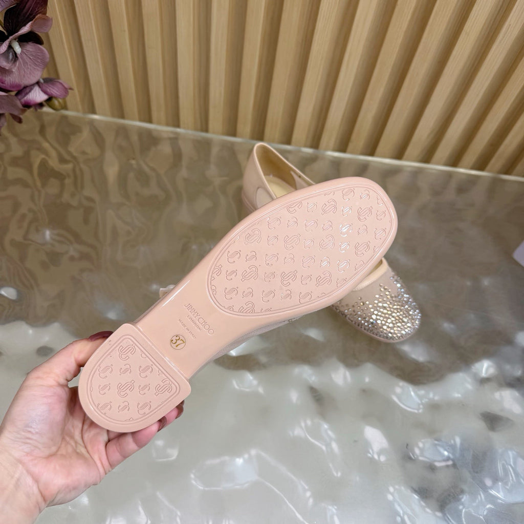 Jimmy Choo Mary Jane Flat Shoes Nude Mesh Cross Strap Pearl 537768