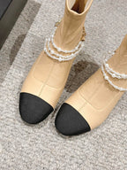 CC LOW CUT BOOTS IN SEPIA BEIGE STRETCH LAMBSKIN AND GROSGRAIN WITH PEARL CHAIN