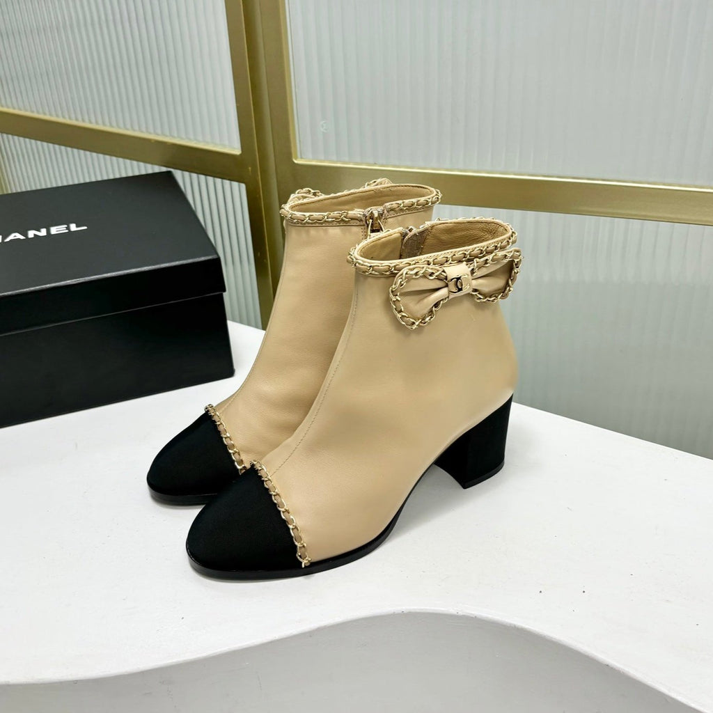 CC Ankle Boot 65 Beige Calfkin Black Grosgrain Leather Strap