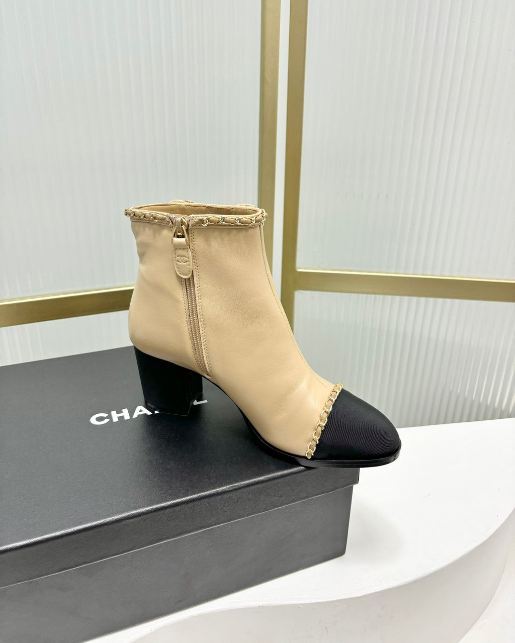 CC Ankle Boot 65 Beige Calfkin Black Grosgrain Leather Strap