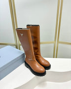 KNEE BOOTS WITH TRIANGLE LOGO IN CAMEL CALFSKIN