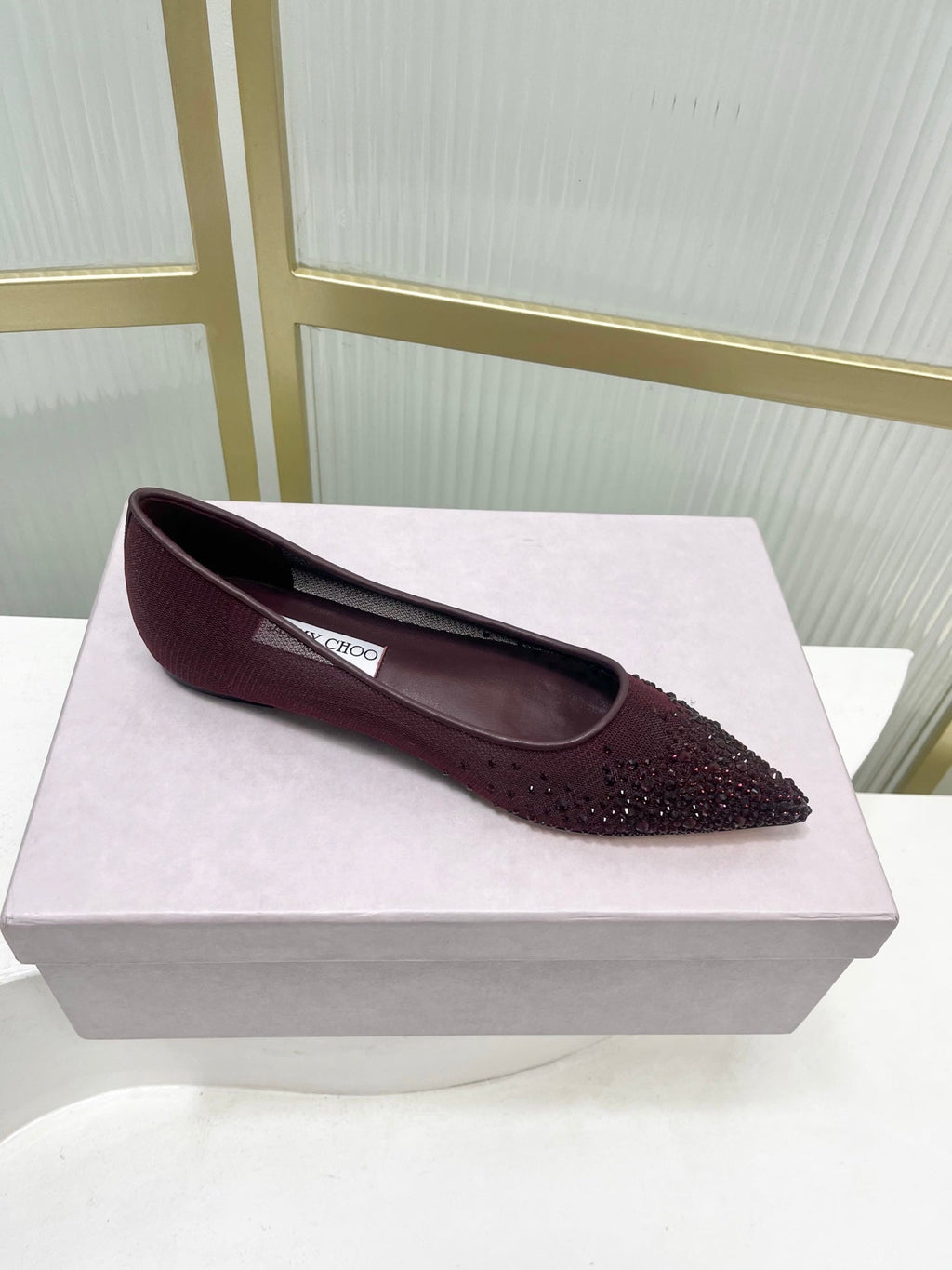 Jimmy 26s Ballet Flats Burgundy Rhinestones Mesh Sheepskin 605980