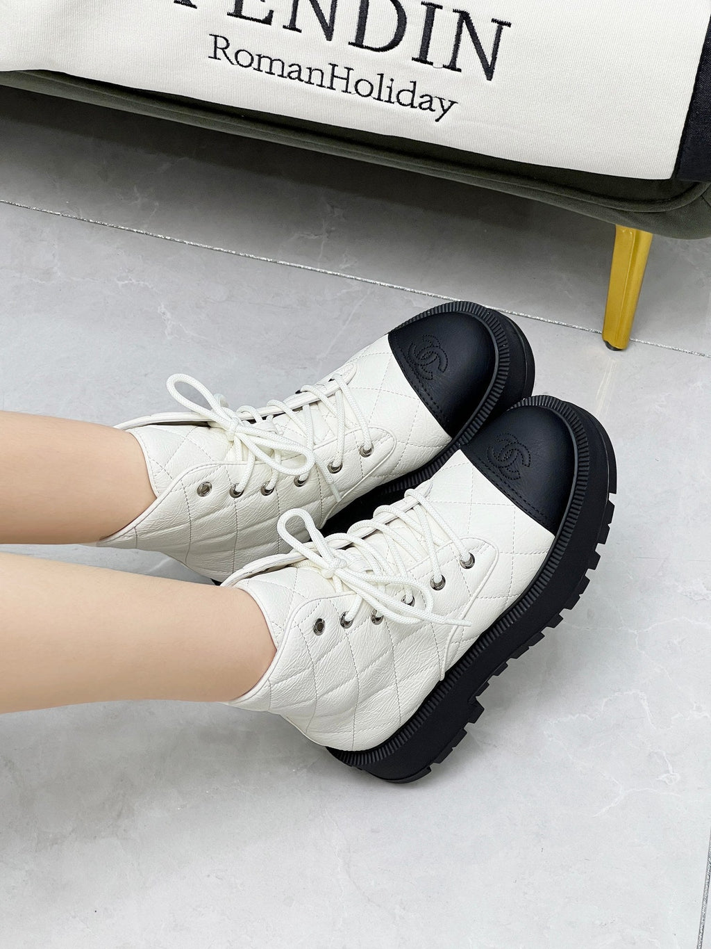 CC Combat Boots In White Mix Black Quilted Lambskin  944577