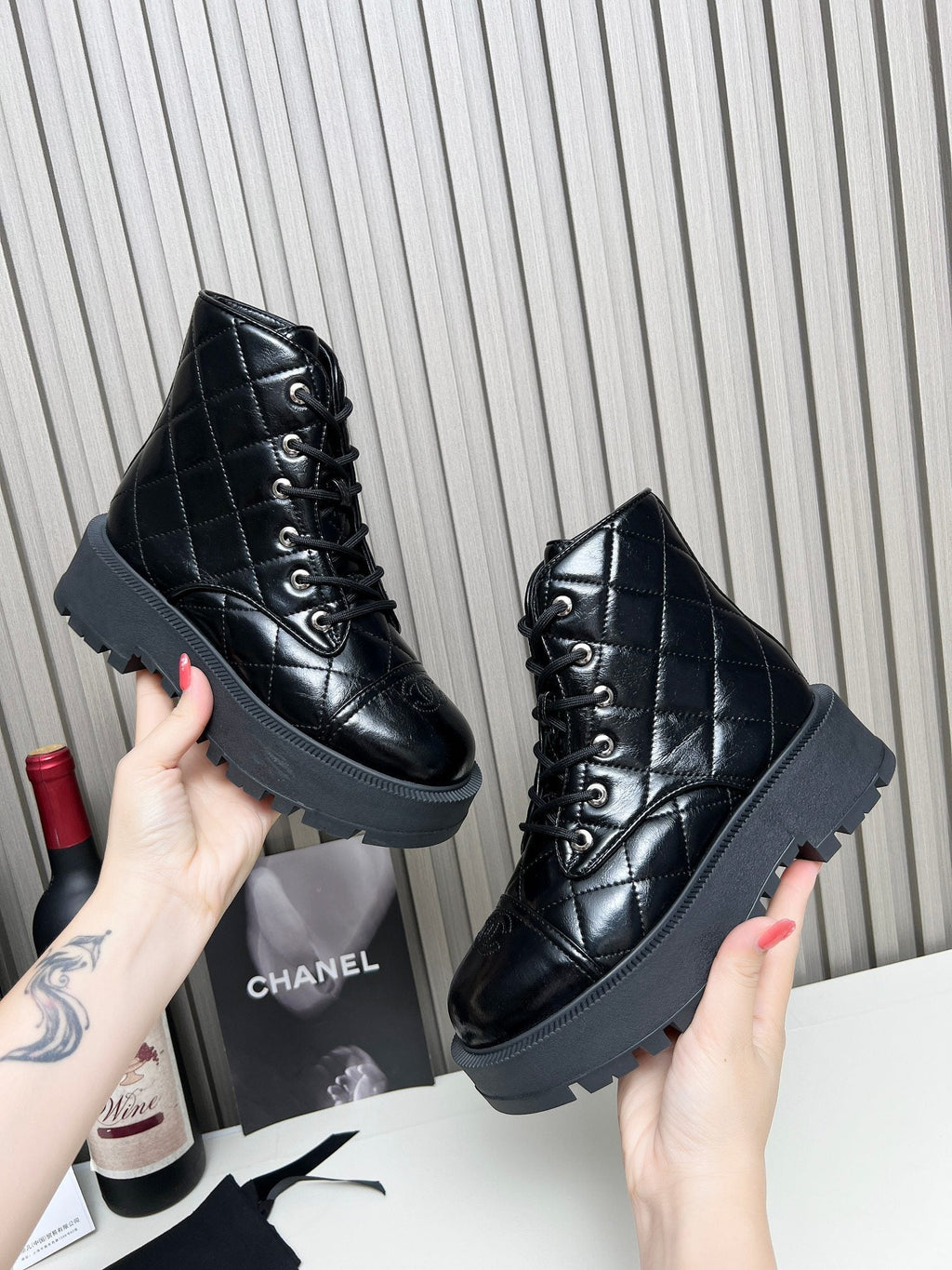 CC Combat Boots In Glossy Black Quilted Lambskin  944580