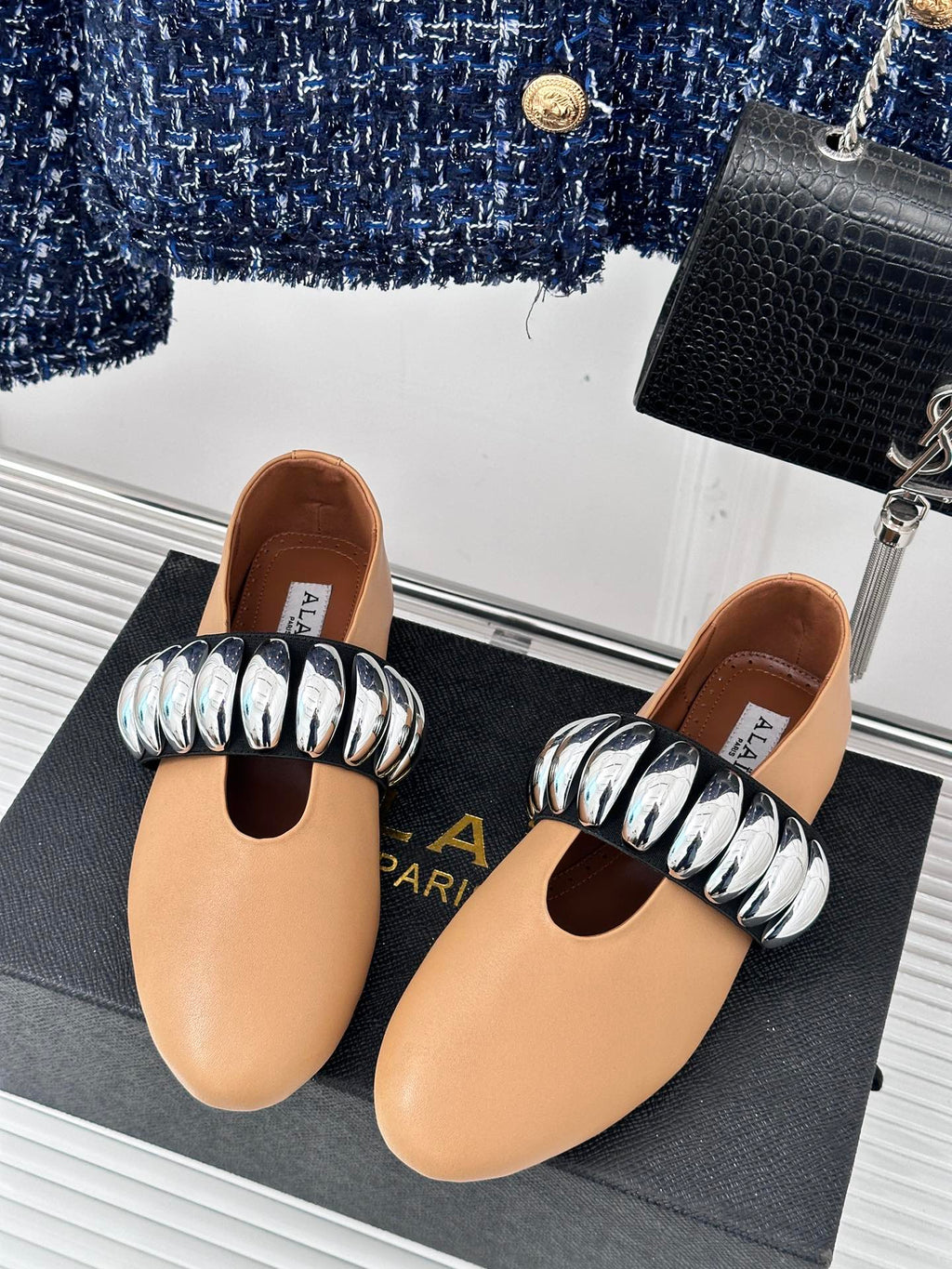 Alaia 25 Mary Jane Jewel Ballet Flats Brown Calfskin 293247