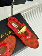 ALAIA MARY JANE SHOES IN CHERRY RED MESH WITH GOLD HARDWARE