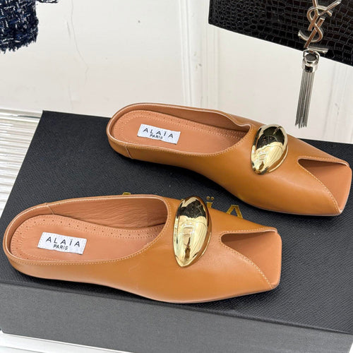 Alaia Slipper With Gold Hardware Brown Calfskin 293202