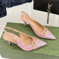 GG Horsebit Slingback 85MM Beige Pink Monogram Canvas Point Toe Crystal-Embellished