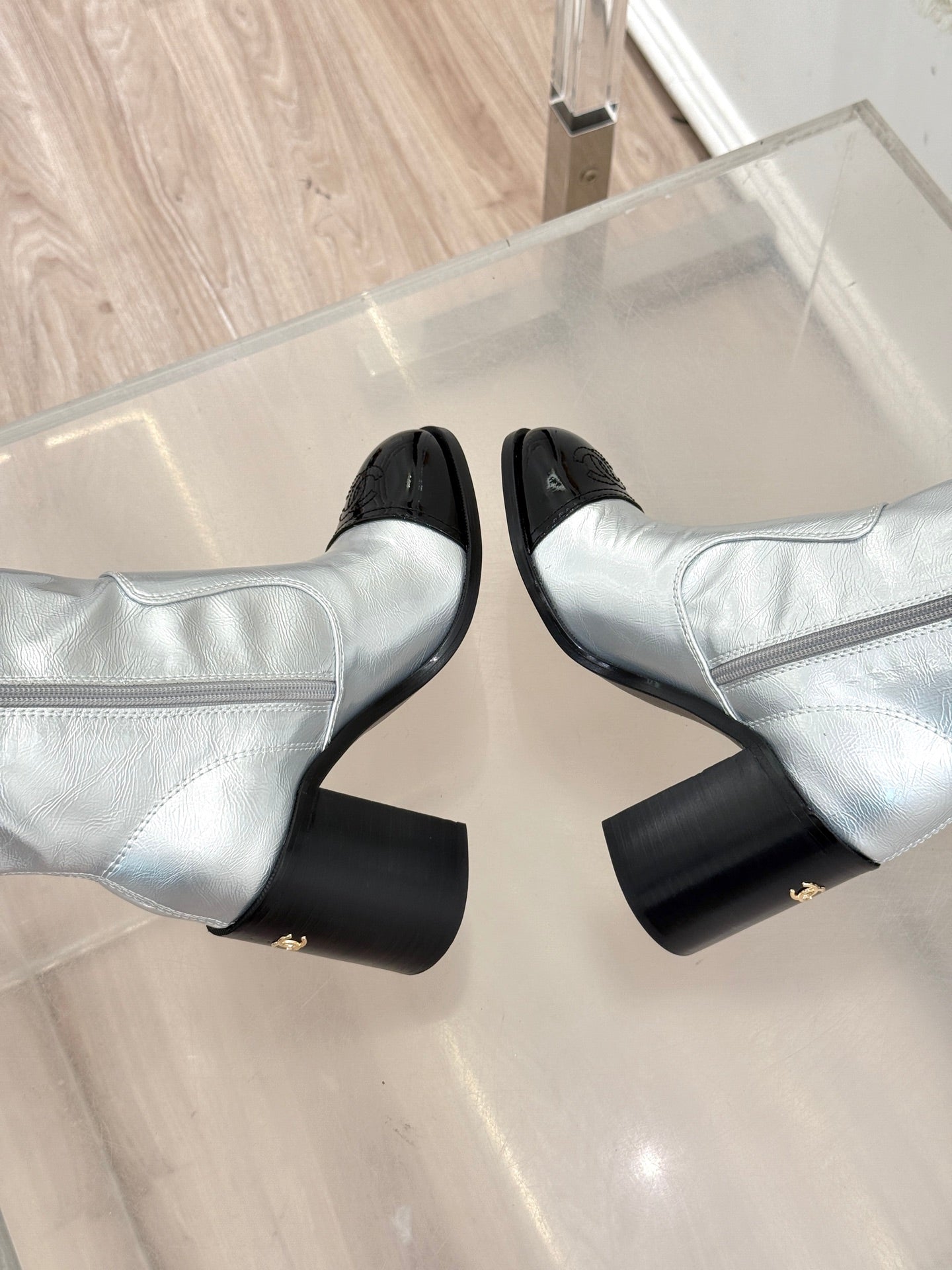 CC Classic Long Boots Block Heel 90mm Sliver Metalic Calfskin 465392