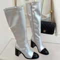 CC Classic Long Boots Block Heel 90mm Sliver Metalic Calfskin 465392