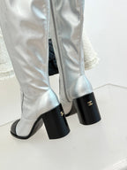 CC Classic Long Boots Block Heel 90mm Sliver Metalic Calfskin 465392