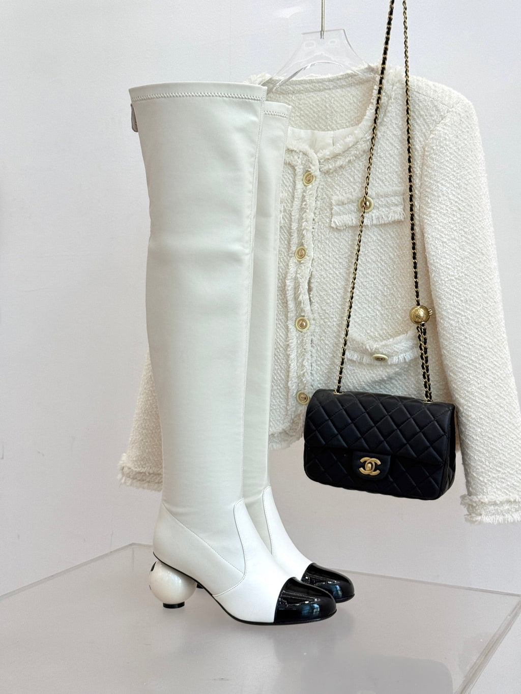 Chanel 25 Double C Giant Pearl Heel Long Boot White Black Sheepskin 465412