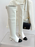 Chanel 25 Double C Giant Pearl Heel Long Boot White Black Sheepskin 465412