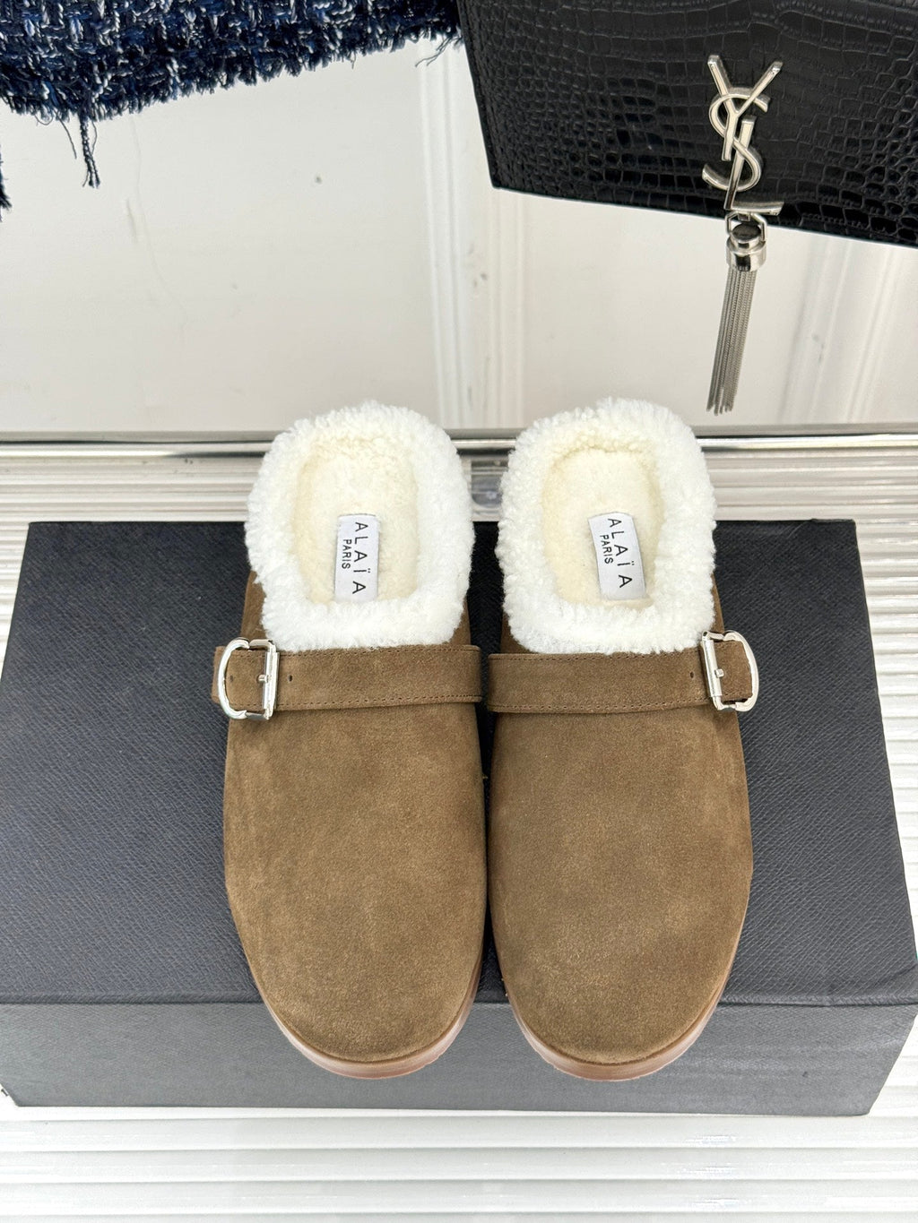 Alaia 25WF slippers belt buckle khaki brown suede wool 472227
