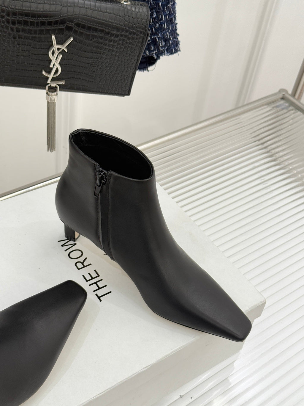 The Row 2025 Square Toe Kitten Heel Ankle Boot Black Sheepskin 572054