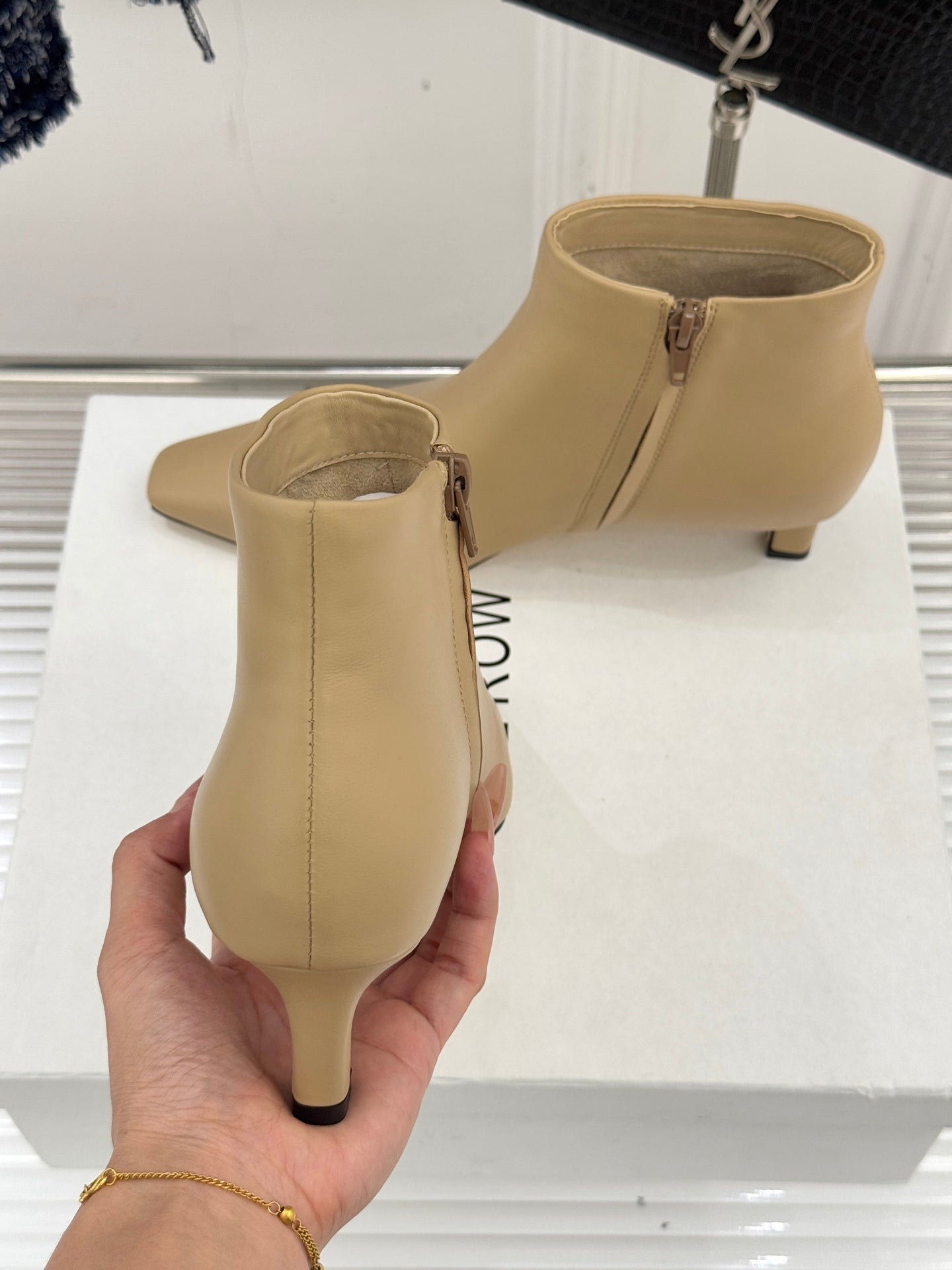 The Row 2025 Square Toe Kitten Heel Ankle Boot Beige Sheepskin 572047