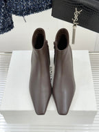 TThe Row 2025 Square Toe Kitten Heel Ankle Boot Dark Brown Sheepskin 572048