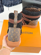 LV Cloud Lace-Up Ankle Boot Sneaker Black- Brown Shearling Monogram Canvas 572467