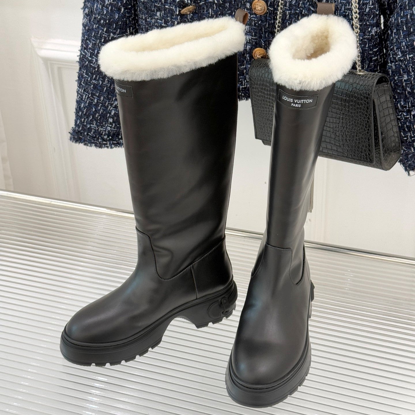 LV Squad High Boot Black Cowhide White Shearing 572463