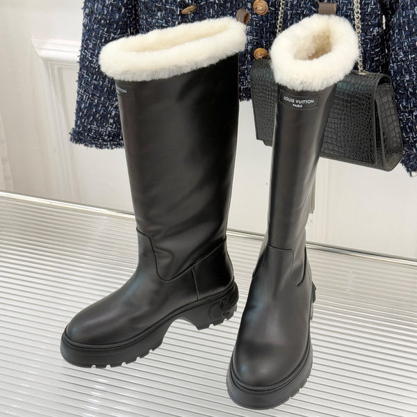 LV Squad High Boot Black Cowhide White Shearing 572463