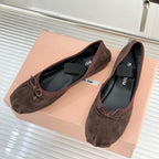 Miu Classic Bow Letter Ballet Flat Dark Brown Suede