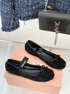 Miu Classic Bow Letter Ballet Flat Black Suede 571003