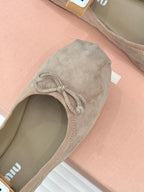Miu Classic Bow Letter Ballet Flat Light Brown Suede 571004