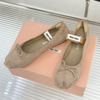 Miu Classic Bow Letter Ballet Flat Light Brown Suede 571004