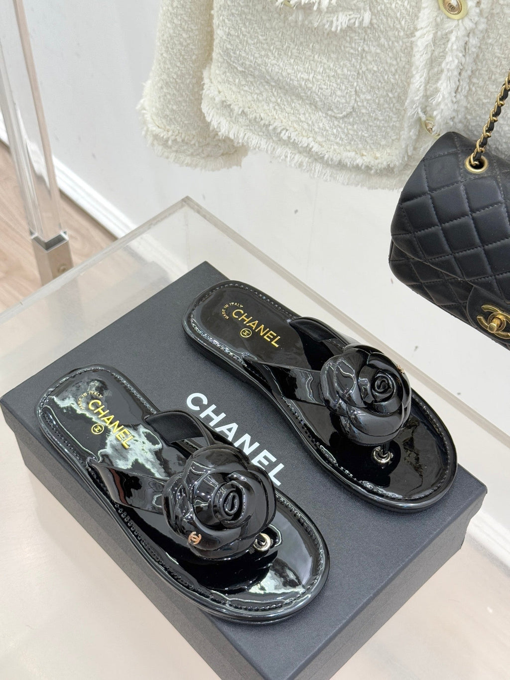 CC 26C Early Spring Camellia Slide Black Patent Leather