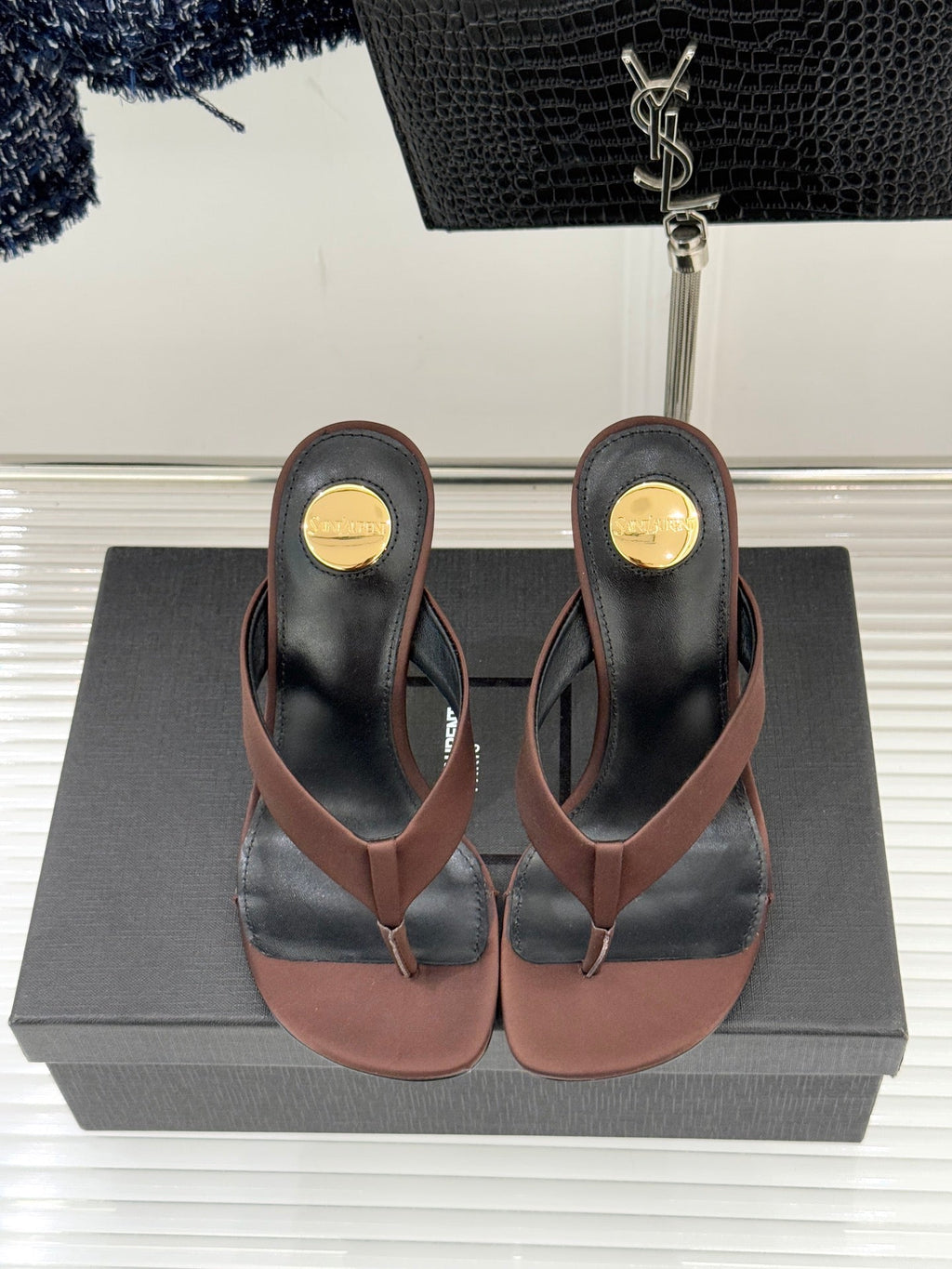 YSL Opyum Mule Sandals 8.5cm Dark Brown Satin Leather 642924