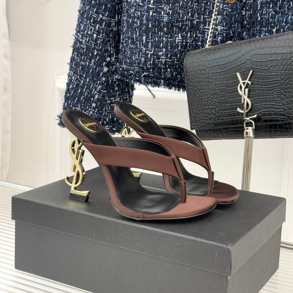 YSL Opyum Mule Sandals 8.5cm Dark Brown Satin Leather 642924