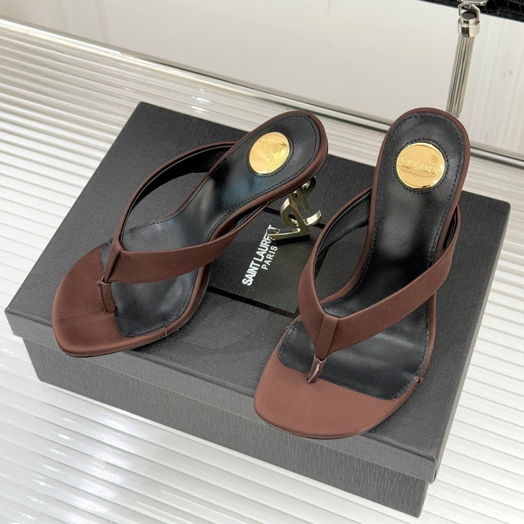 YSL Opyum Mule Sandals 8.5cm Dark Brown Satin Leather 642924