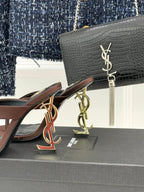 YSL Opyum Mule Sandals 8.5cm Dark Brown Satin Leather 642924