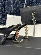 YSL Opyum Mule Sandals 8.5cm Black Satin Leather 642925