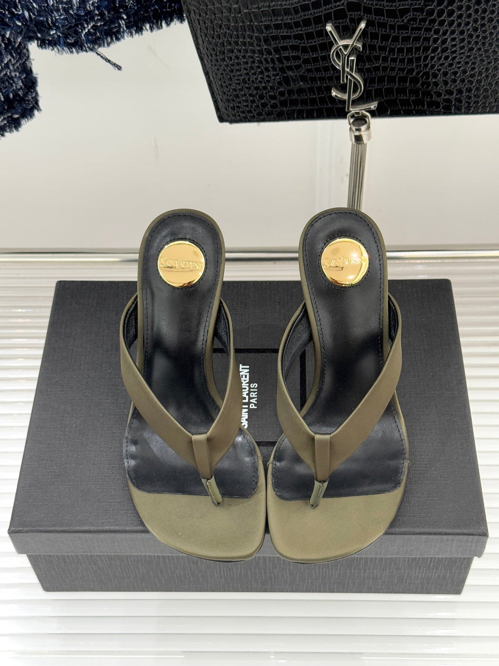 YSL Opyum Mule Sandals 8.5cm Olive Green Satin Leather 642928