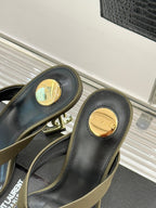 YSL Opyum Mule Sandals 8.5cm Olive Green Satin Leather 642928