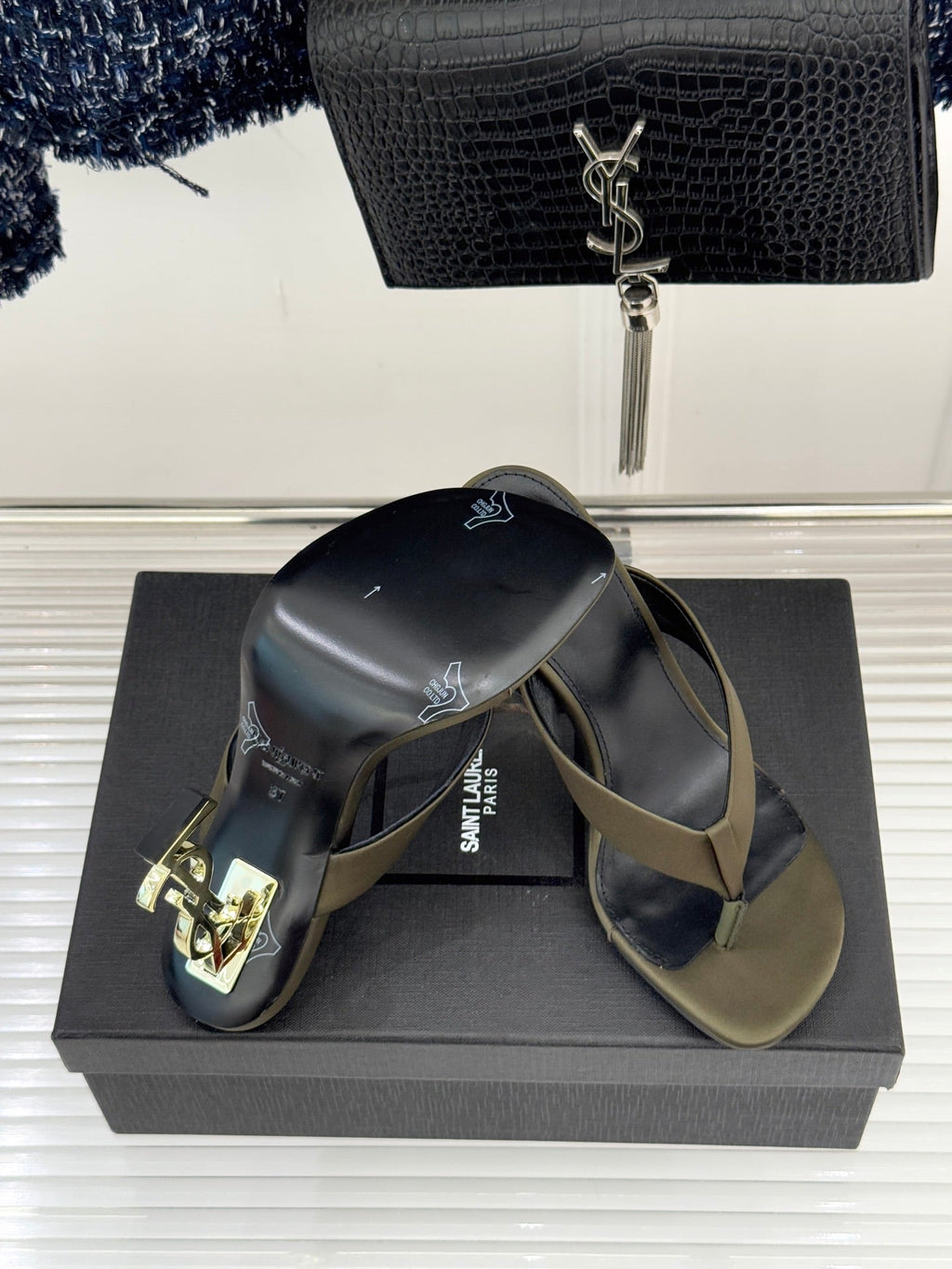 YSL Opyum Mule Sandals 8.5cm Olive Green Satin Leather 642928