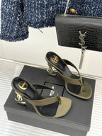 YSL Opyum Mule Sandals 8.5cm Olive Green Satin Leather 642928