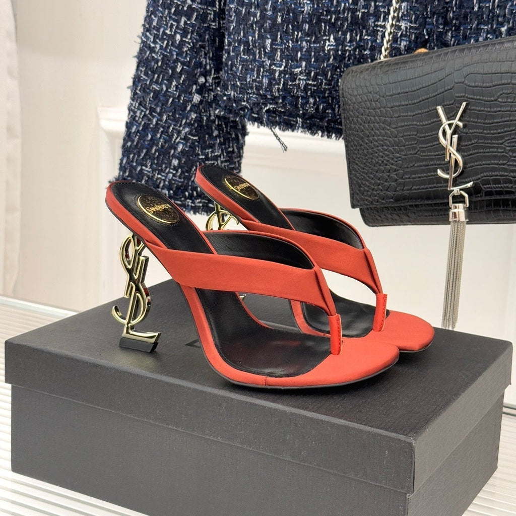 YSL Opyum Mule Sandals 8.5cm Orange Satin Leather