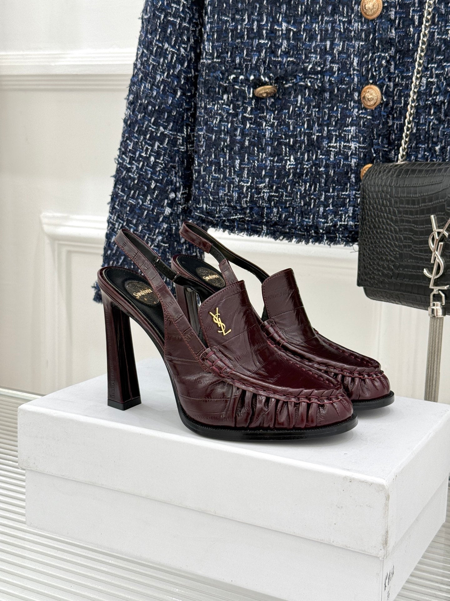 YSL 26WF Le Slingback 10.5cm Burgundy Leather 642956