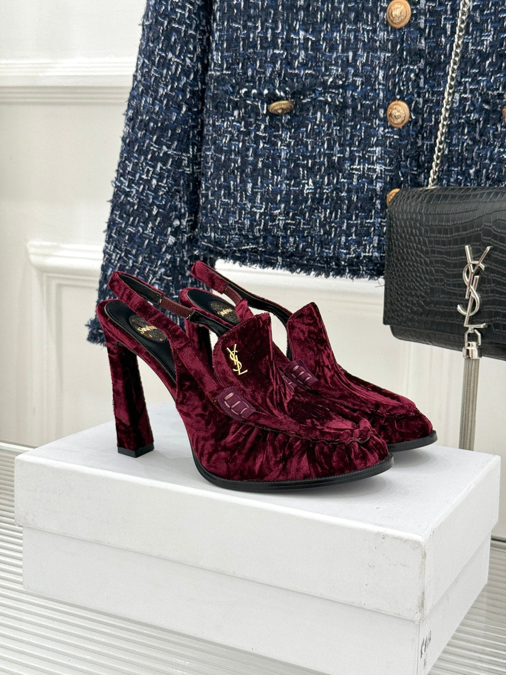 YSL 26WF Le Slingback 10.5cm Burgundy Velvet 642958