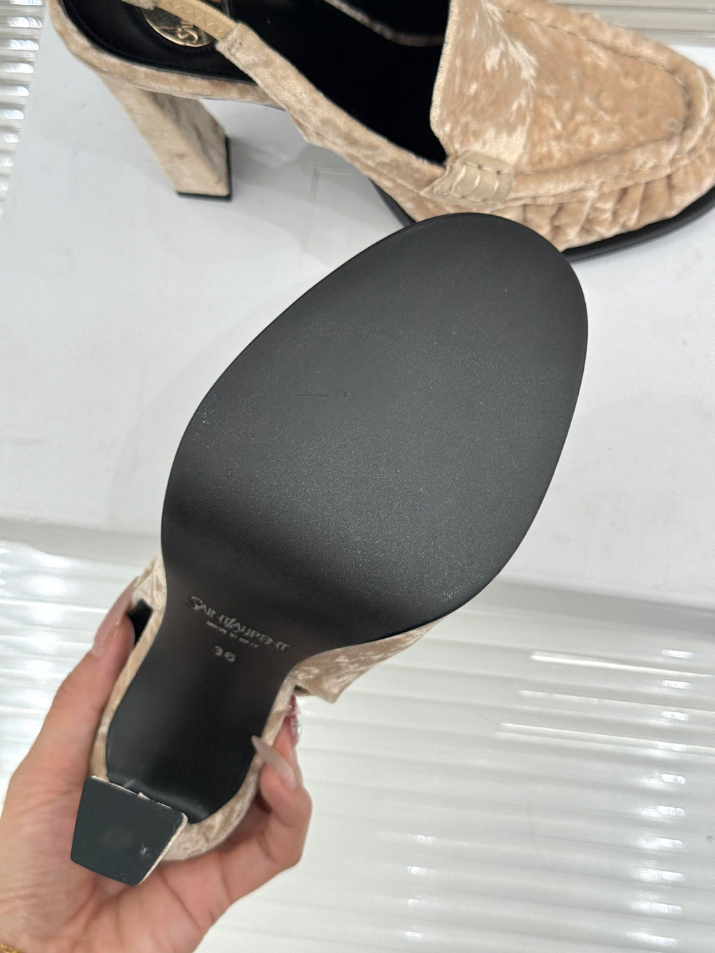 YSL 26WF Le Slingback 10.5cm Beige Velvet 642959