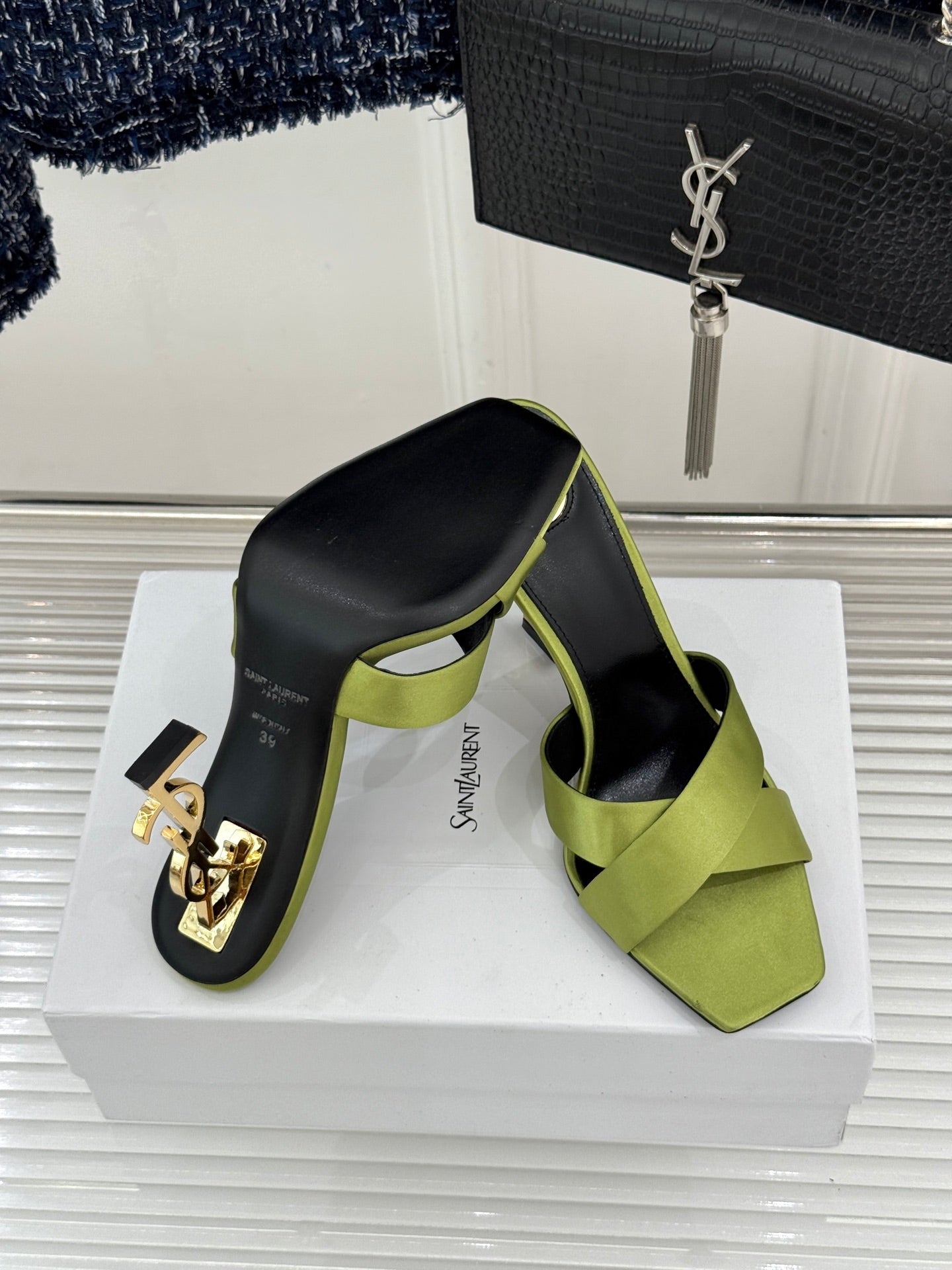 YSL Opyum Sandal 85 Green Silk Leather 642938