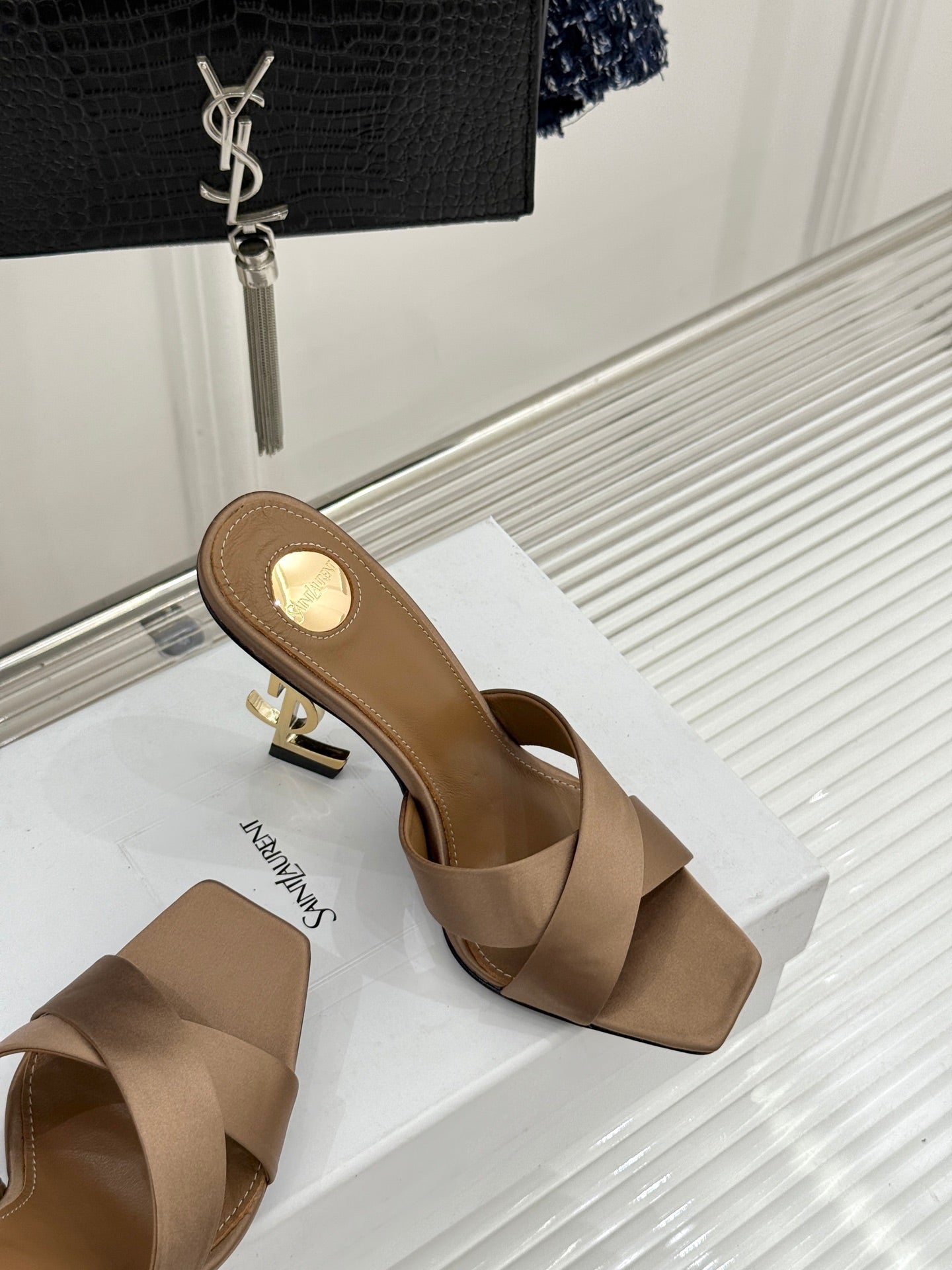 YSL Opyum Sandal 85 Brown Silk Leather 642941