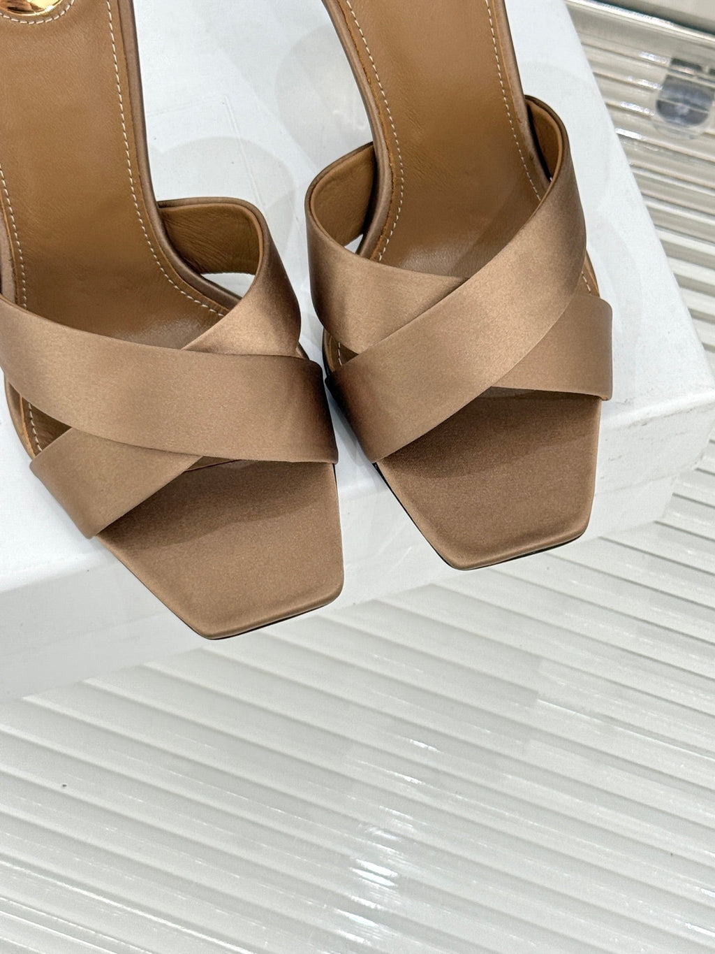 YSL Opyum Sandal 85 Brown Silk Leather 642941