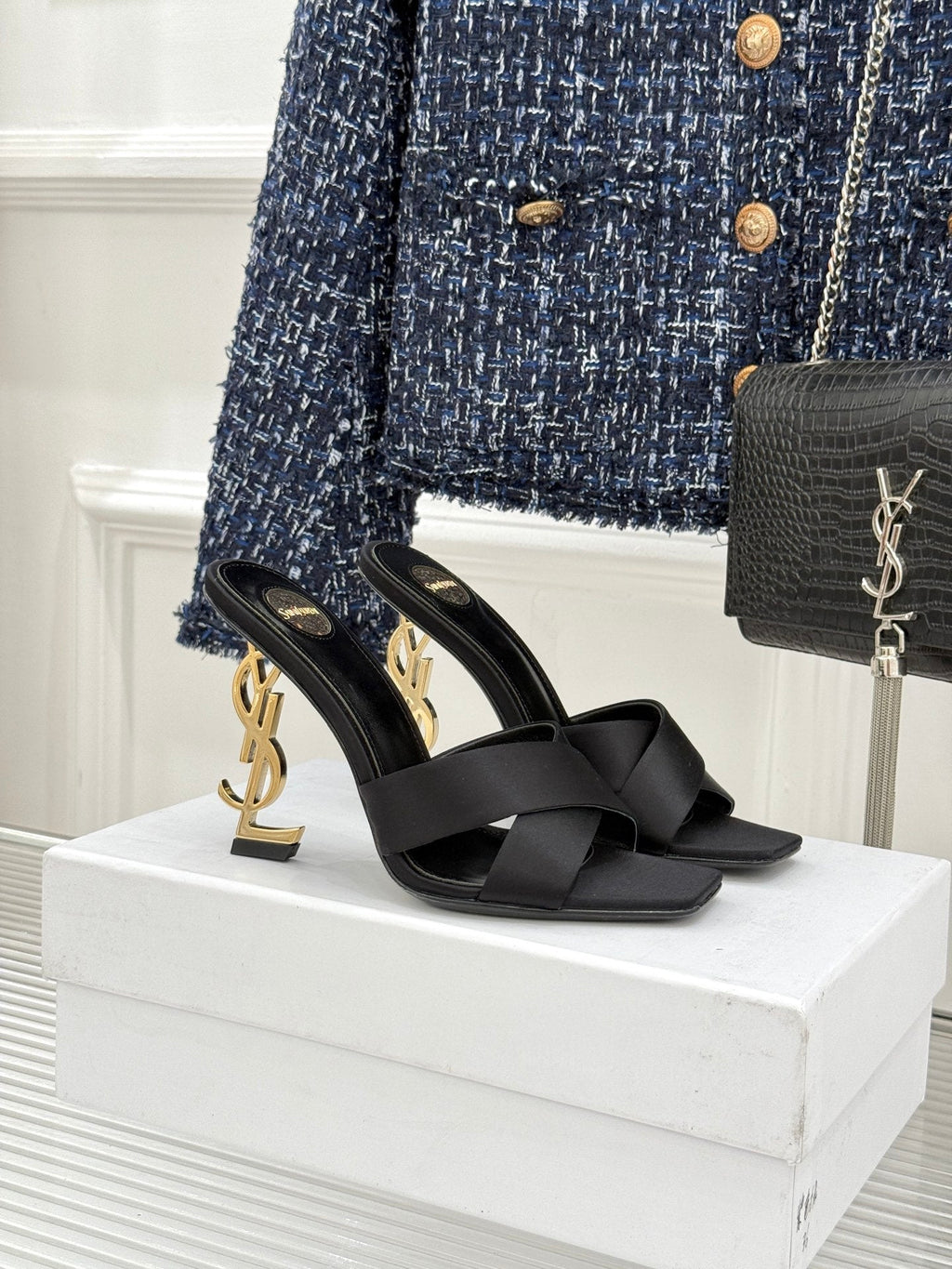 YSL Opyum Sandal 85 Black Silk Leather 642942