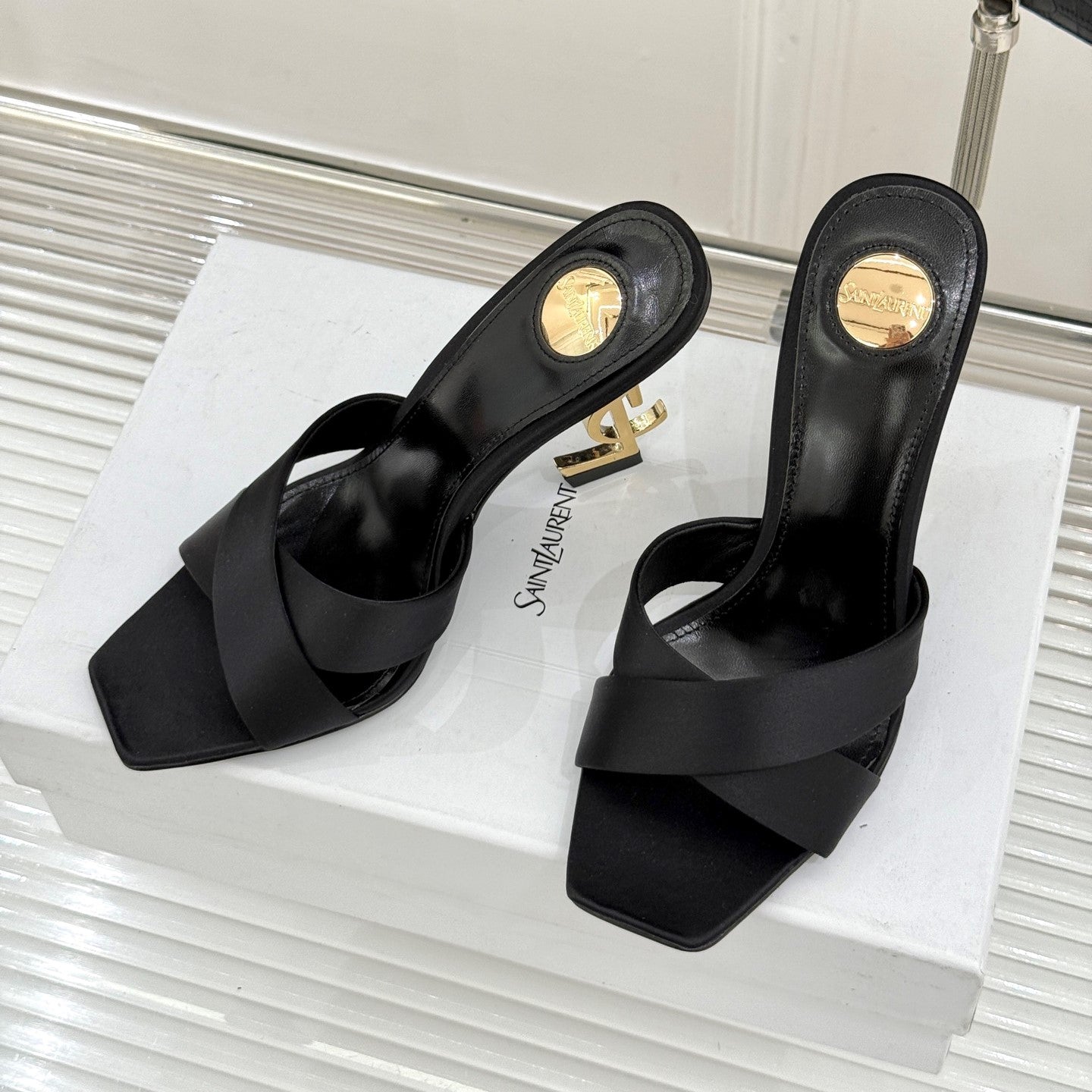 YSL Opyum Sandal 85 Black Silk Leather 642942