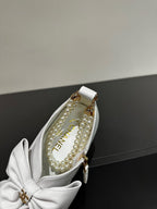 CCC Pointed Toe High Heels White Bow Tie Cowhide