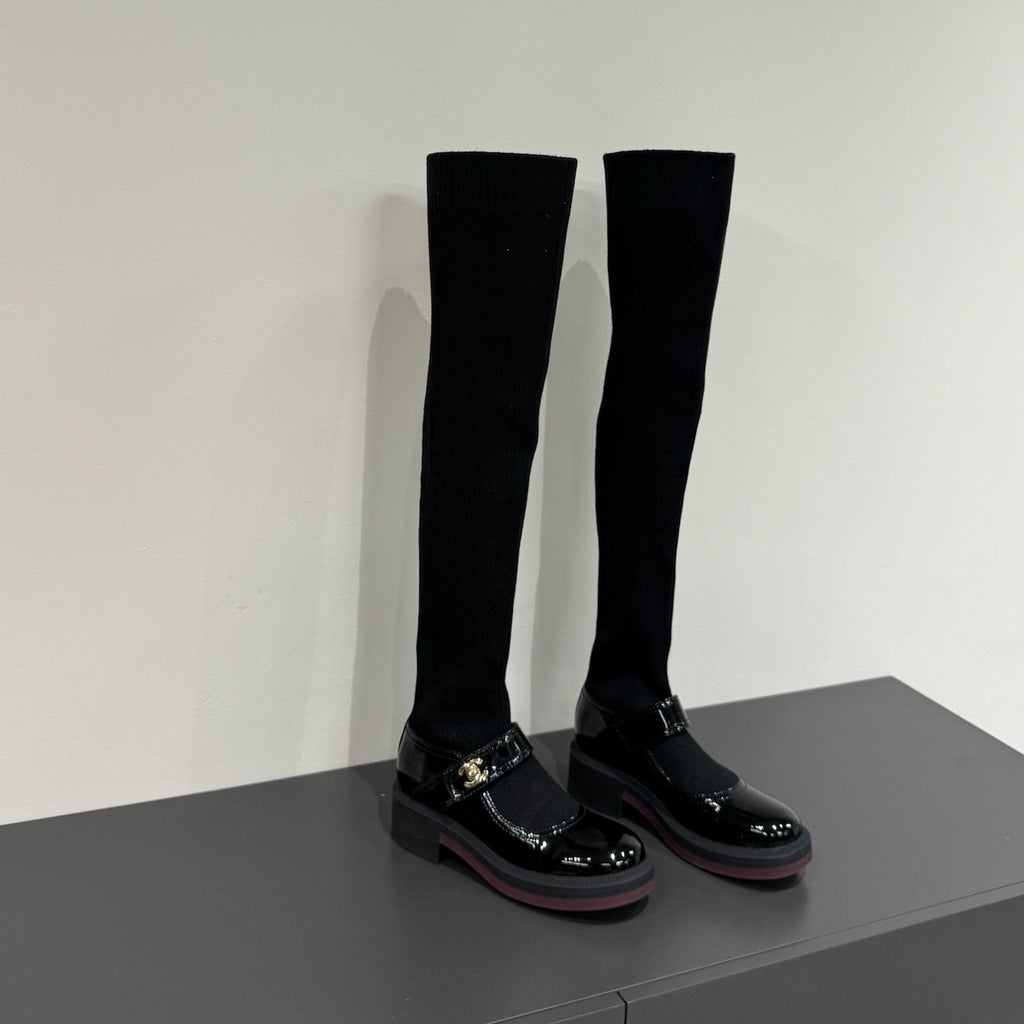 CC 25ss Long Sock Boots Black Patent Leather& Wool 417819