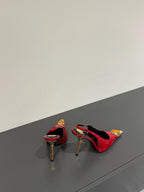 ORANGE GEM-STUDDED SLINGBACK PUMPS IN RED PATENT CALFSKIN